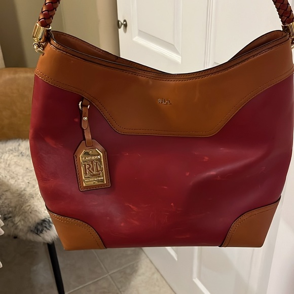 Ralph Lauren burgundy/ brown cow hide  Leather Hobo Bag, good preowned bag - Picture 16 of 17